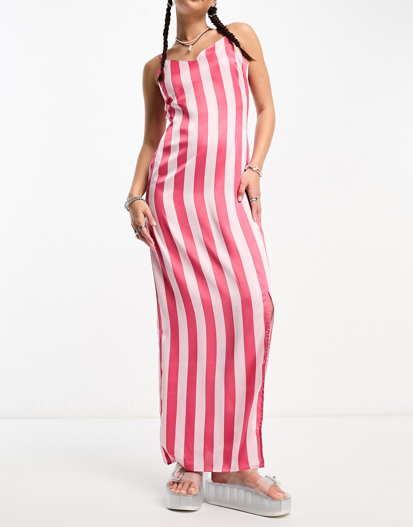 Heartbreak satin cami maxi dress with side split in pink stripe