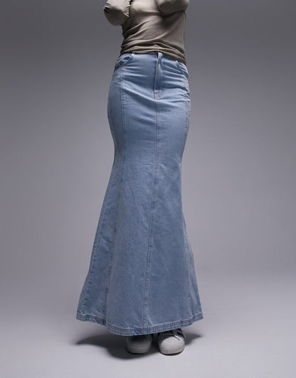 Topshop Tall highwaist denim fishtail skirt in bleach