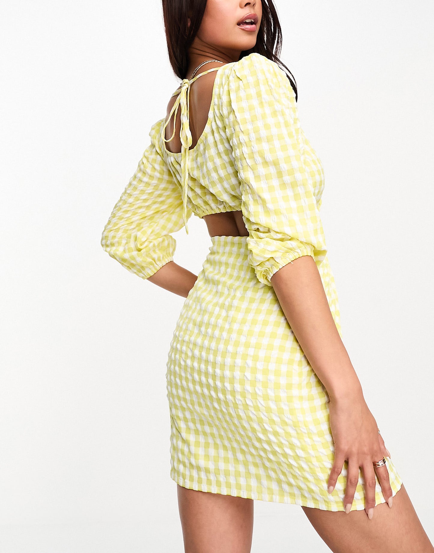 The Frolic gingham twist puff sleeve mini dress in lemon