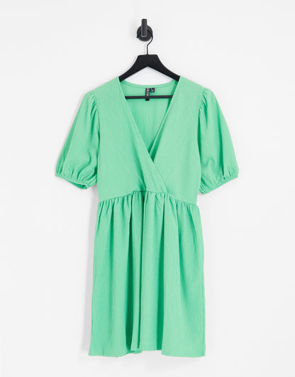 Pieces textured v neck smock mini dress in bright green