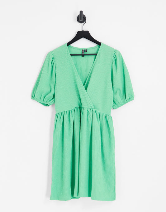 Pieces textured v neck smock mini dress in bright green