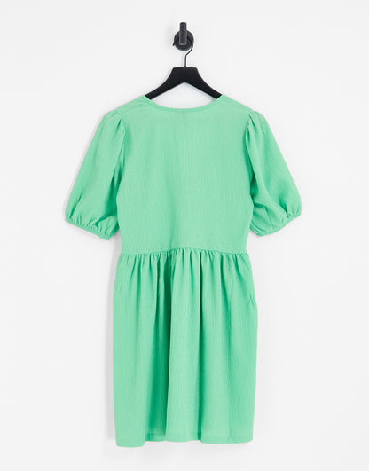 Pieces textured v neck smock mini dress in bright green