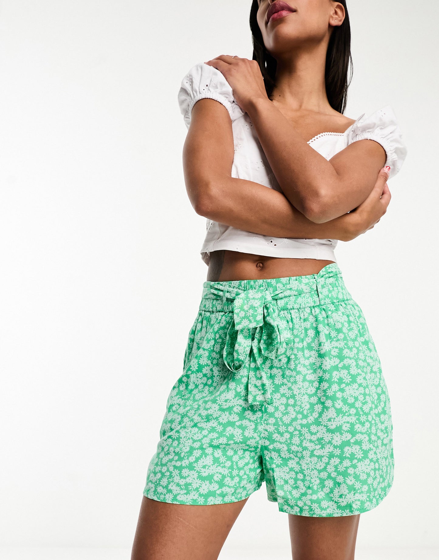 Pieces tie waist flowy shorts co-ord in green ditsy floral