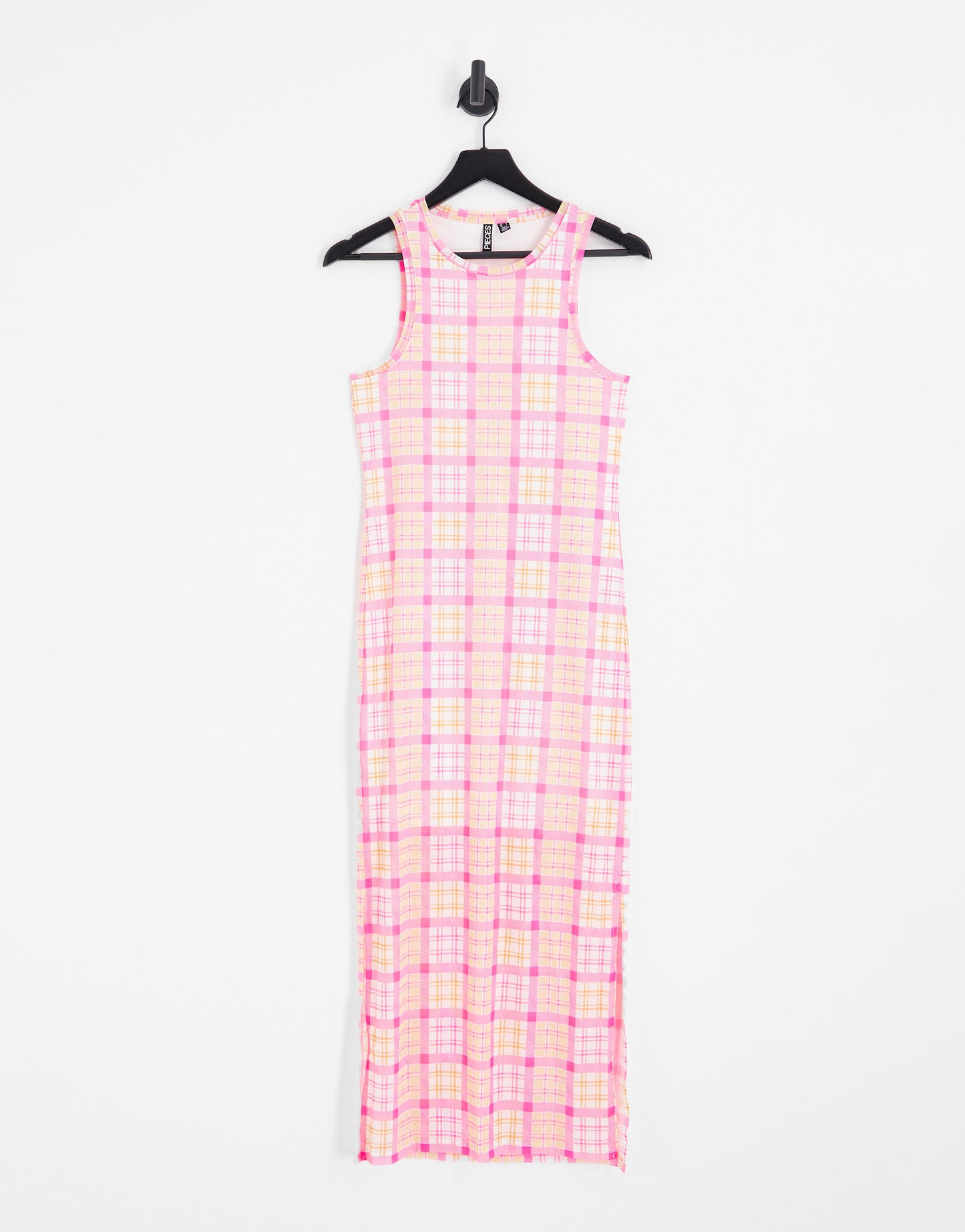 Pieces exclusive mesh side slit midi dress in pink & orange check