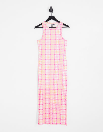 Pieces exclusive mesh side slit midi dress in pink & orange check