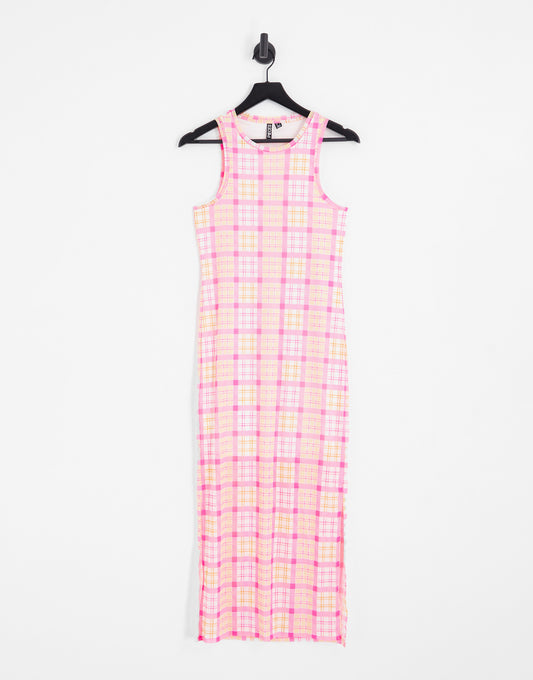 Pieces exclusive mesh side slit midi dress in pink & orange check