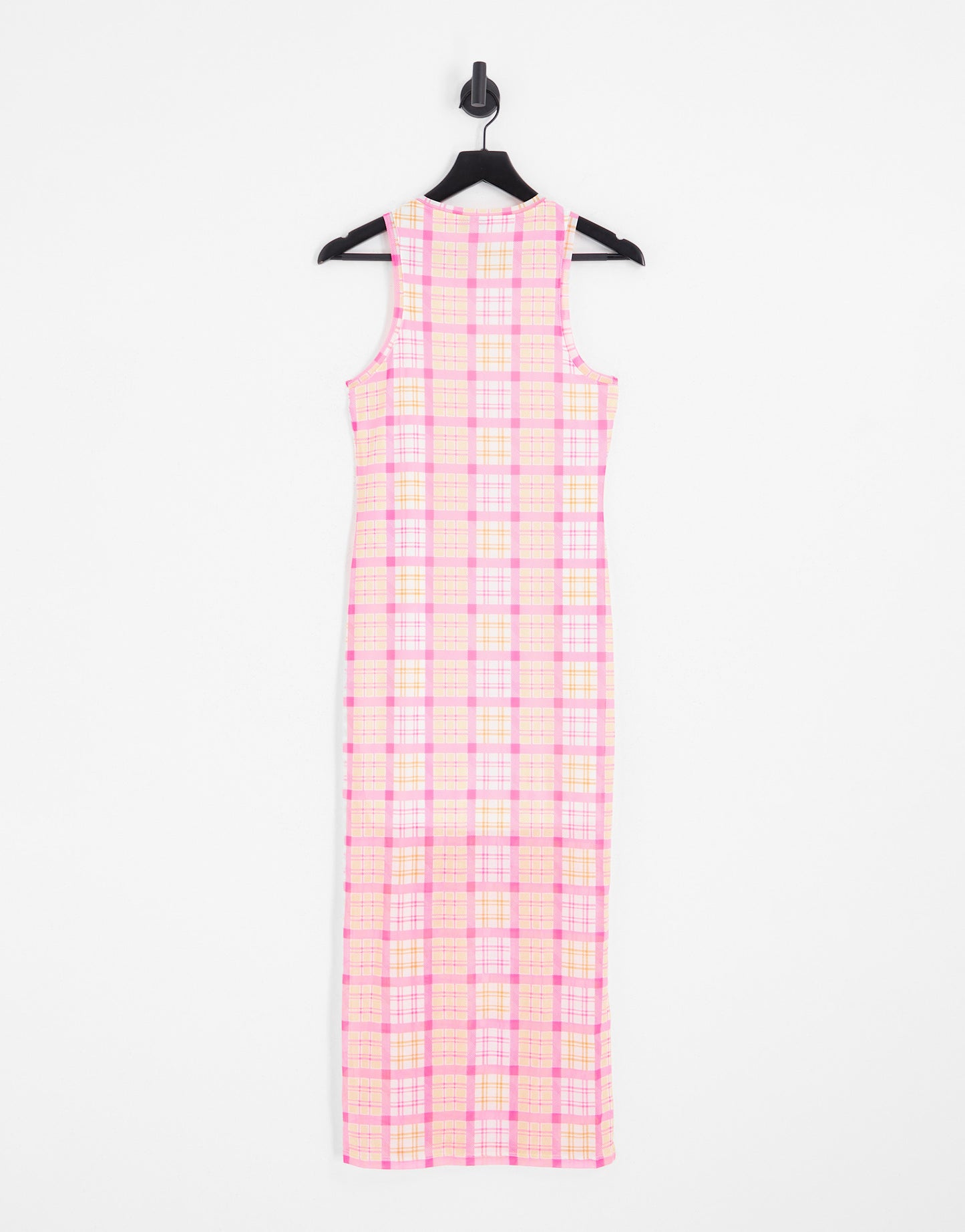 Pieces exclusive mesh side slit midi dress in pink & orange check