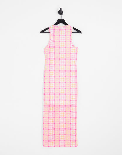 Pieces exclusive mesh side slit midi dress in pink & orange check