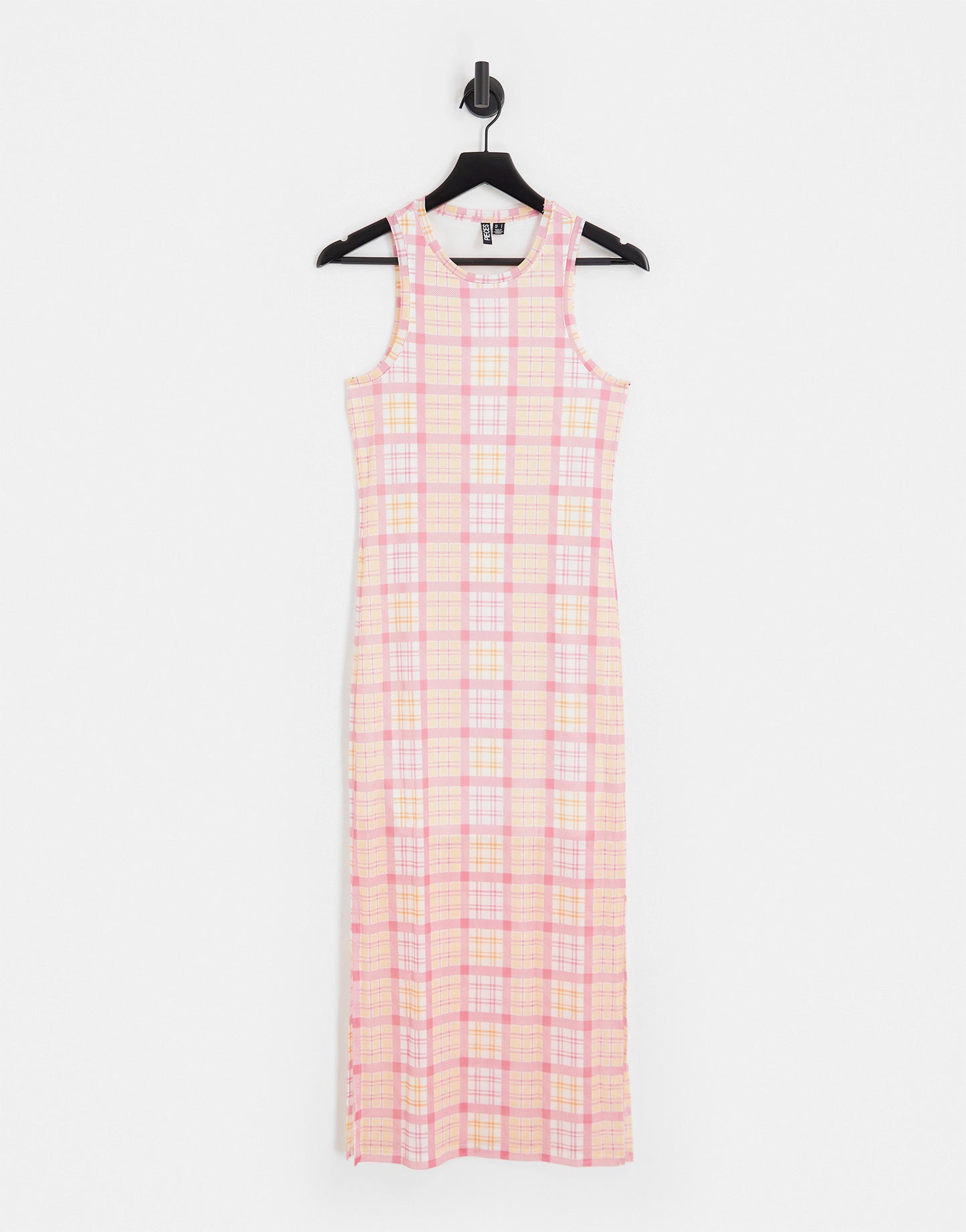 Pieces exclusive mesh side slit midi dress in pink & orange check