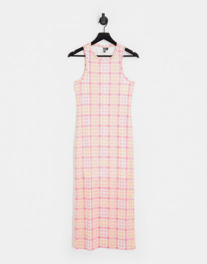 Pieces exclusive mesh side slit midi dress in pink & orange check