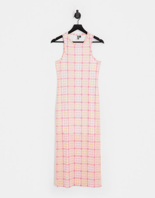 Pieces exclusive mesh side slit midi dress in pink & orange check