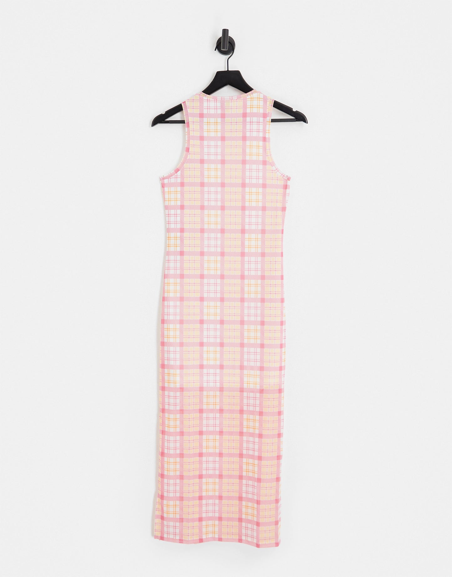 Pieces exclusive mesh side slit midi dress in pink & orange check