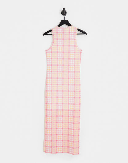 Pieces exclusive mesh side slit midi dress in pink & orange check