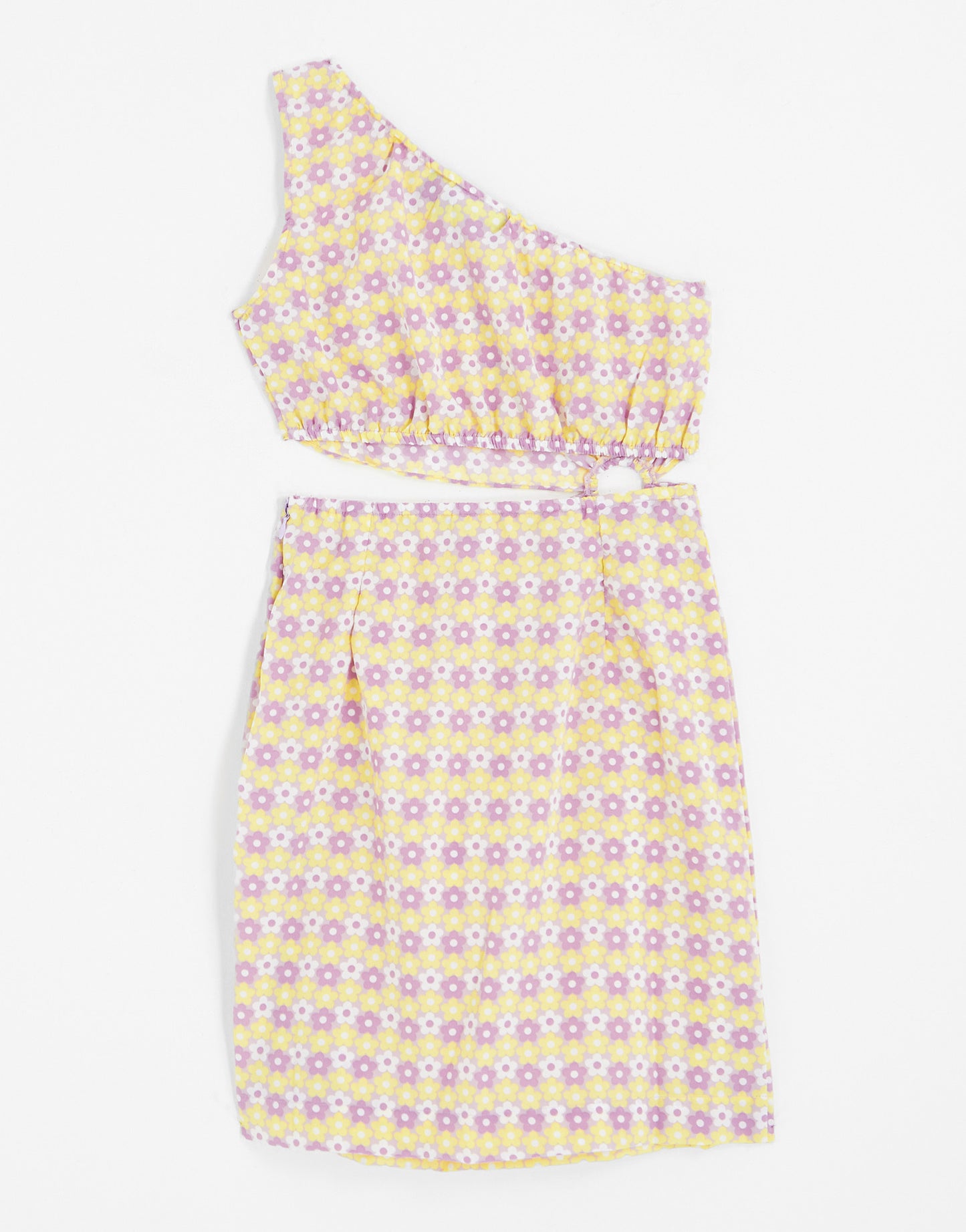 Pieces exclusive one shoulder cut out mini dress in lilac & yellow retro floral