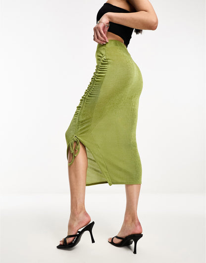 In The Style slinky ruched detail midi skirt in khaki