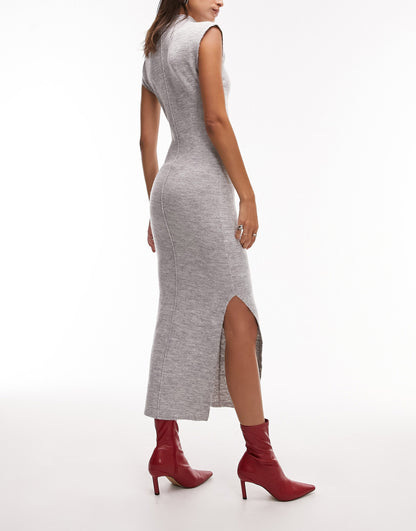 Topshop knitted seam front detail midi dress in grey