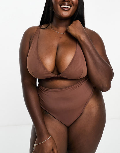 ASOS DESIGN Curve Mila mesh smoothing high-waist thong in brown