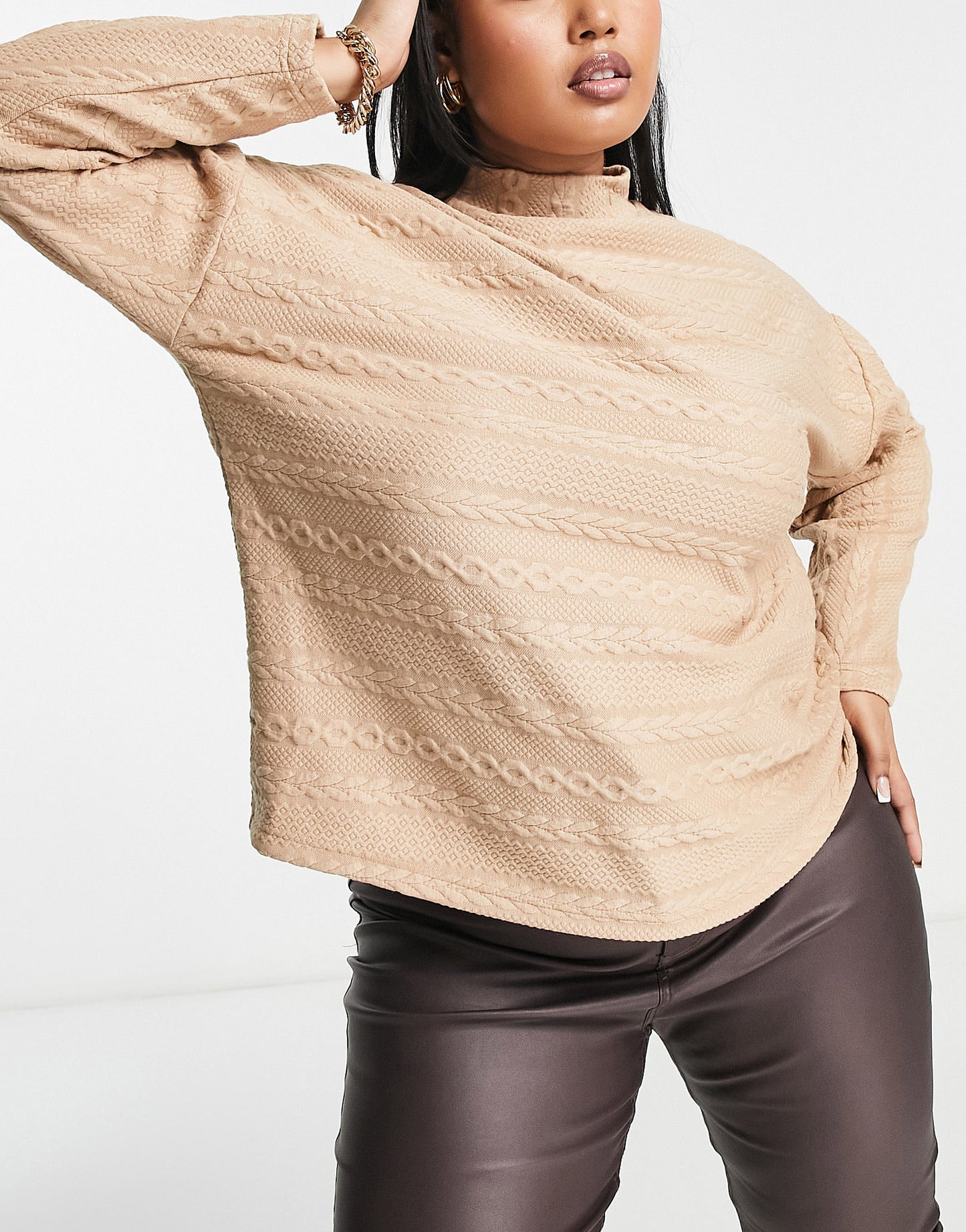 New Look Curve cable roll neck jumper in camel