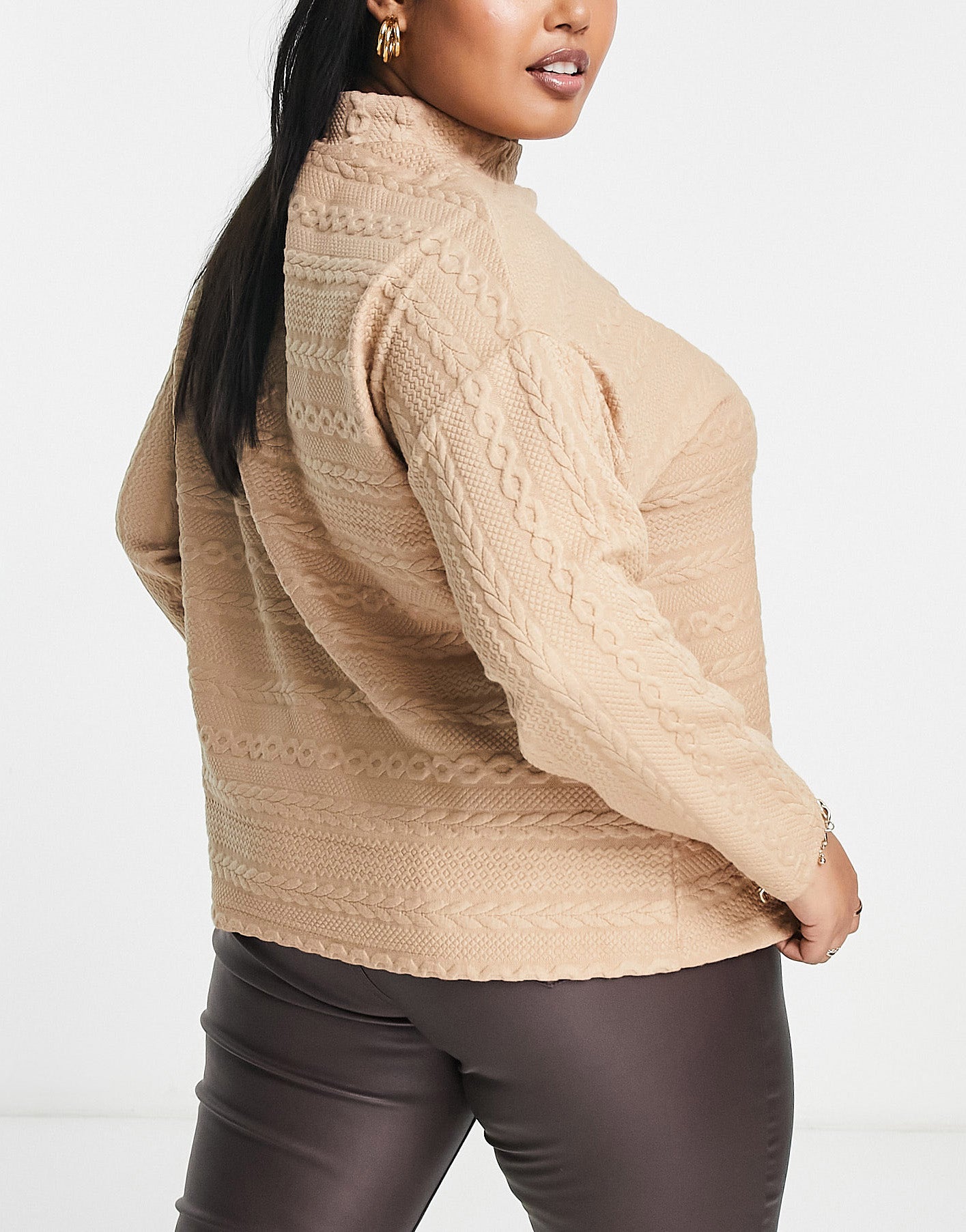 New Look Curve cable roll neck jumper in camel