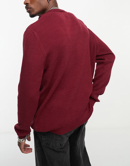 ASOS DESIGN oversized knitted essential rib polo jumper in burgundy