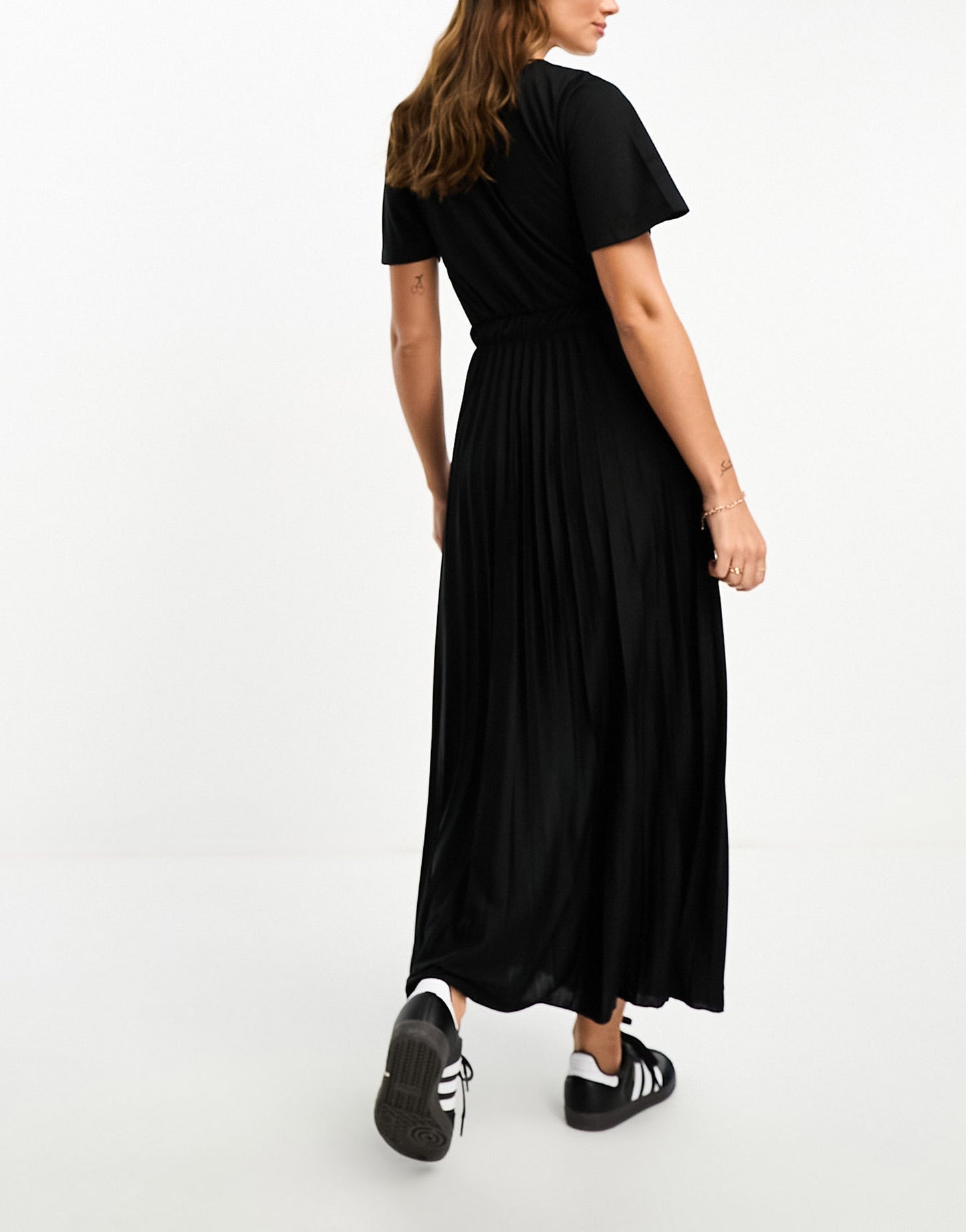 ASOS DESIGN v neck tie waist pleat midi dress in black