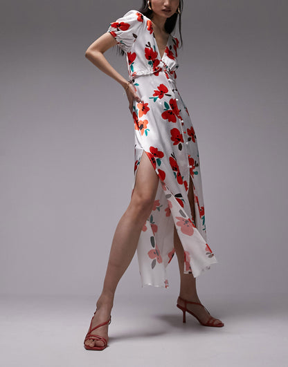 Topshop v neck flutter sleeve printed maxi dress with in poppy print