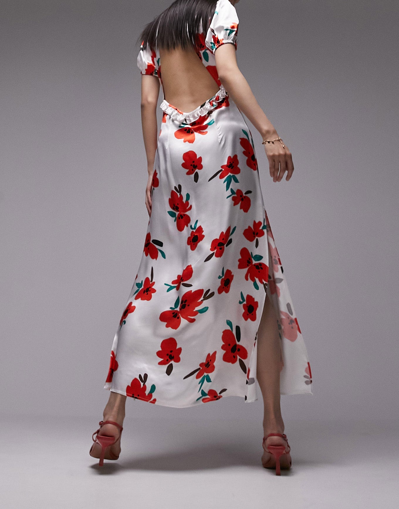 Topshop v neck flutter sleeve printed maxi dress with in poppy print