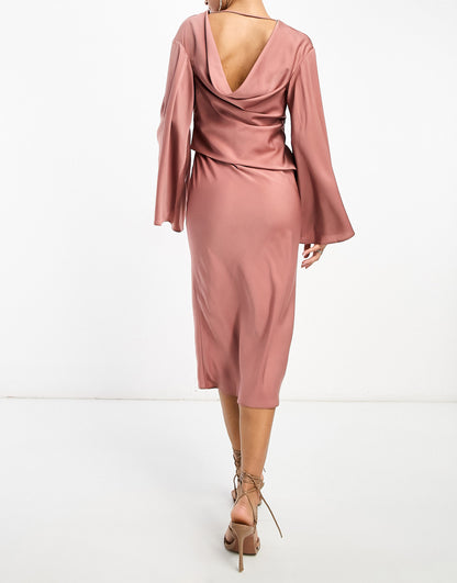 ASOS DESIGN satin batwing midi dress with drape bodice detail in toffee