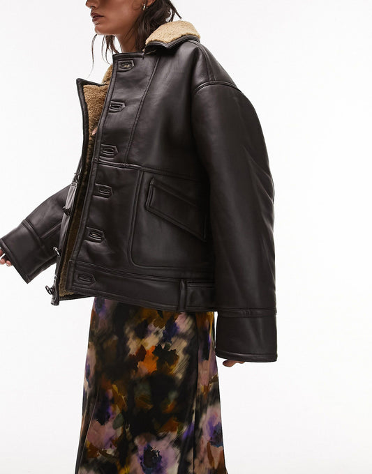 Topshop faux leather shearling oversized car coat with borg lining in brown