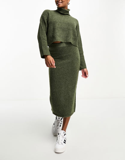 ASOS DESIGN Petite co-ord knitted chunky rib midi skirt in khaki