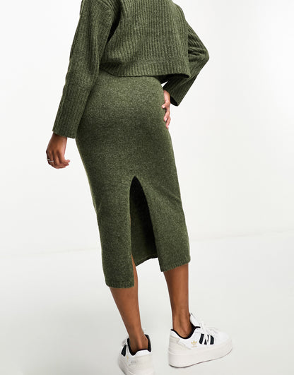 ASOS DESIGN Petite co-ord knitted chunky rib midi skirt in khaki