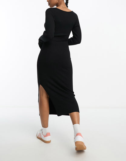 ASOS DESIGN knitted midi dress with v neck in rib in black