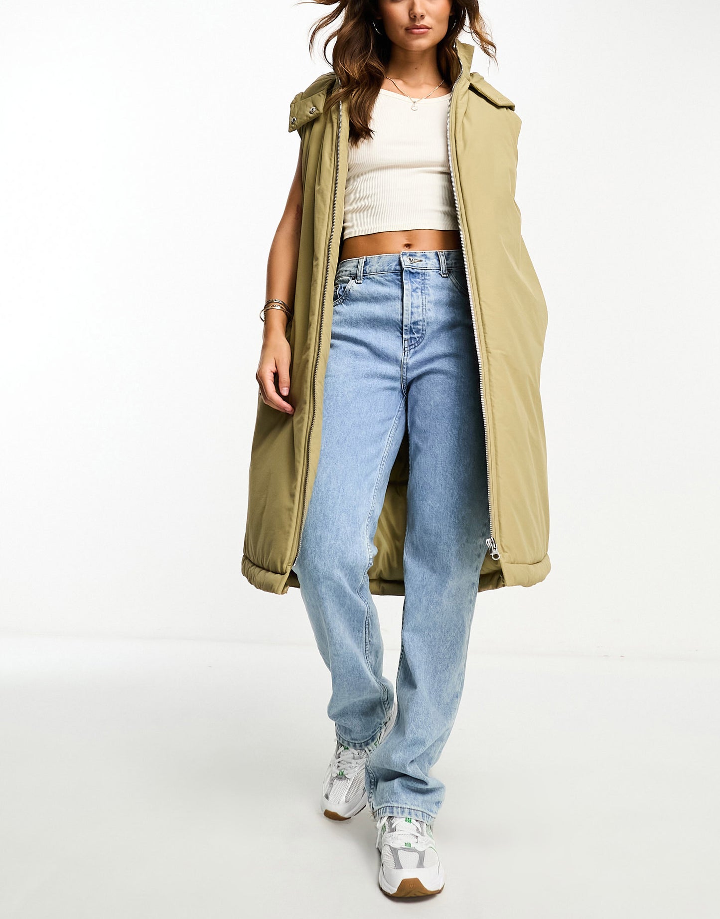 ASOS DESIGN longline paper touch gilet with hood in washed khaki