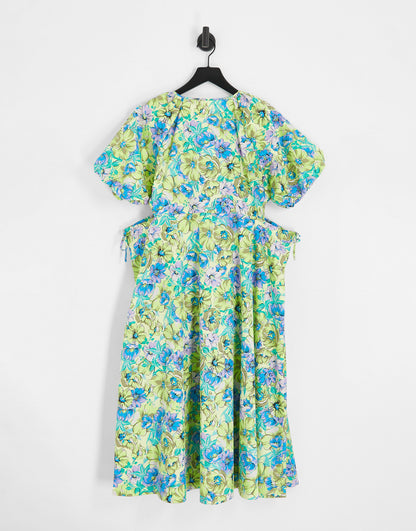 Y.A.S Petite smock midi dress with cut out side details in floral print