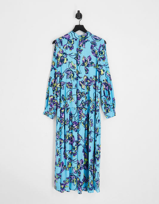 Y.A.S high neck maxi dress with bow back detail in blue floral print