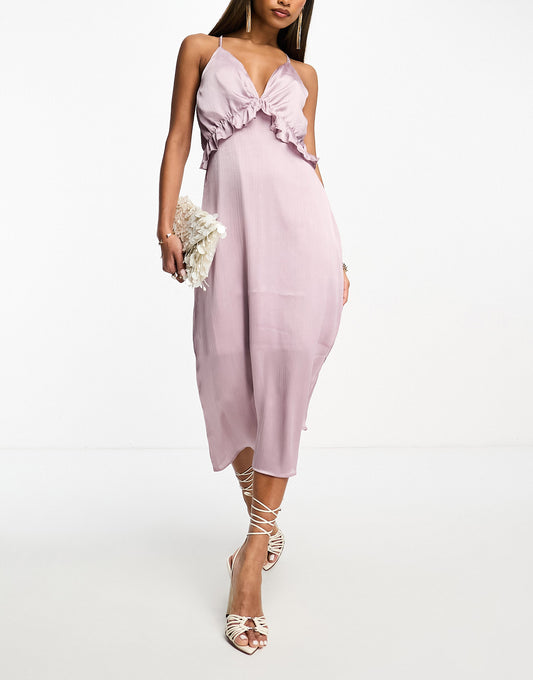 Y.A.S satin cami midi dress with frill detail in rich silver lilac