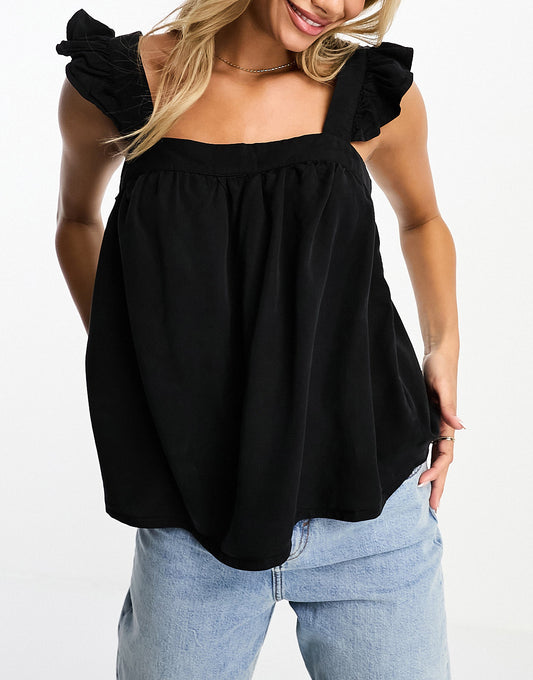 Vero Moda square neck frill sleeve top in black