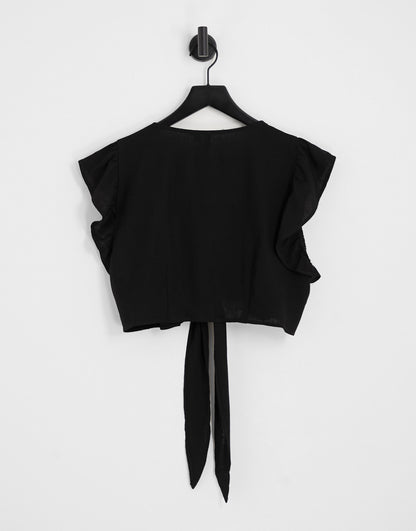 Vero Moda Curve linen touch knot front crop top co-ord in black