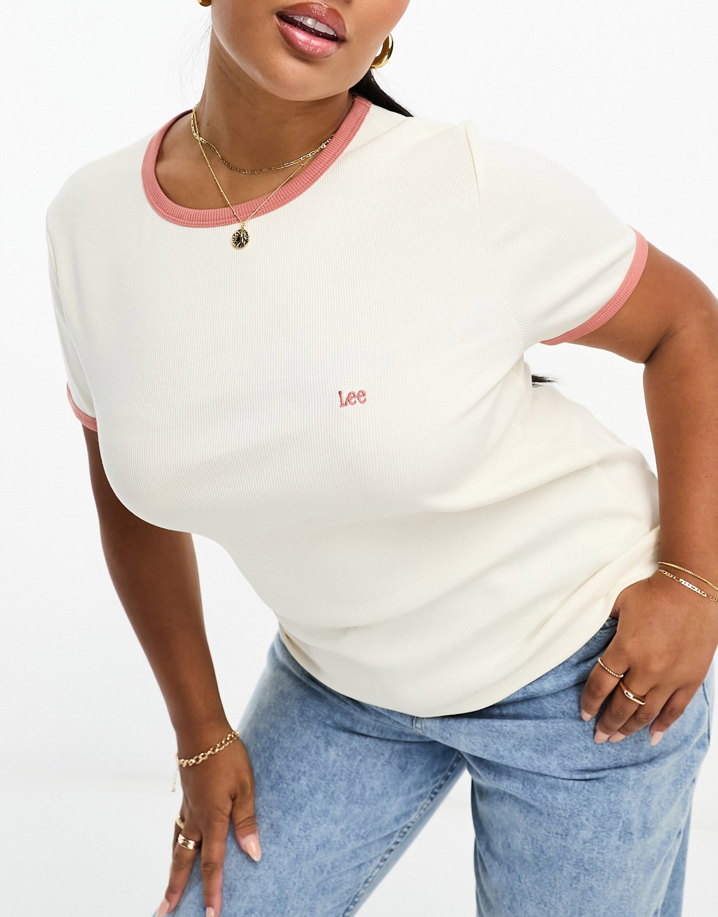 Lee Plus ribbed tee with embroidered logo in off white