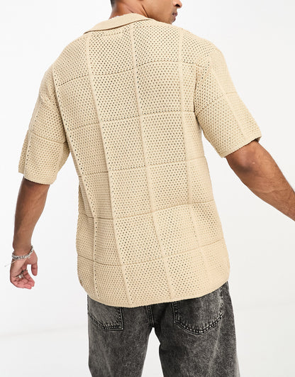 Jack & Jones relaxed fit open knit polo shirt in beige