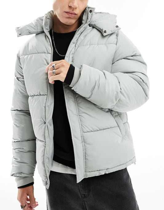 ASOS DESIGN shower resistant puffer jacket with detachable hood in grey