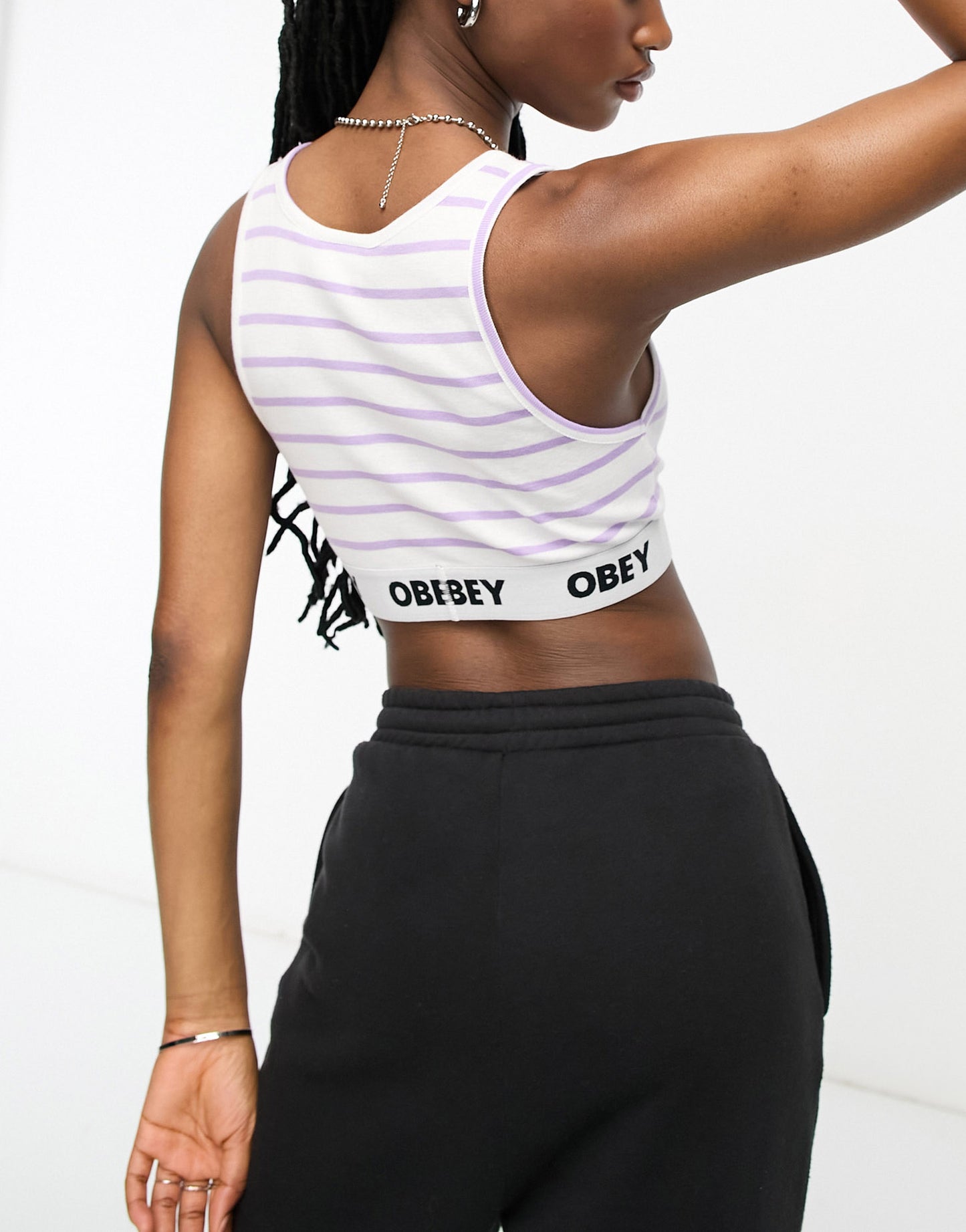 Obey lisa purple stripe crop top in white