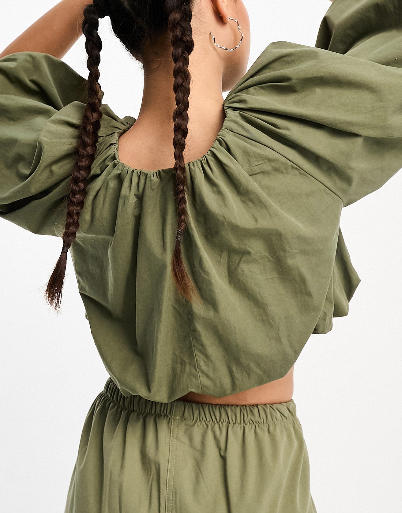 COLLUSION crop bubble hem top in khaki