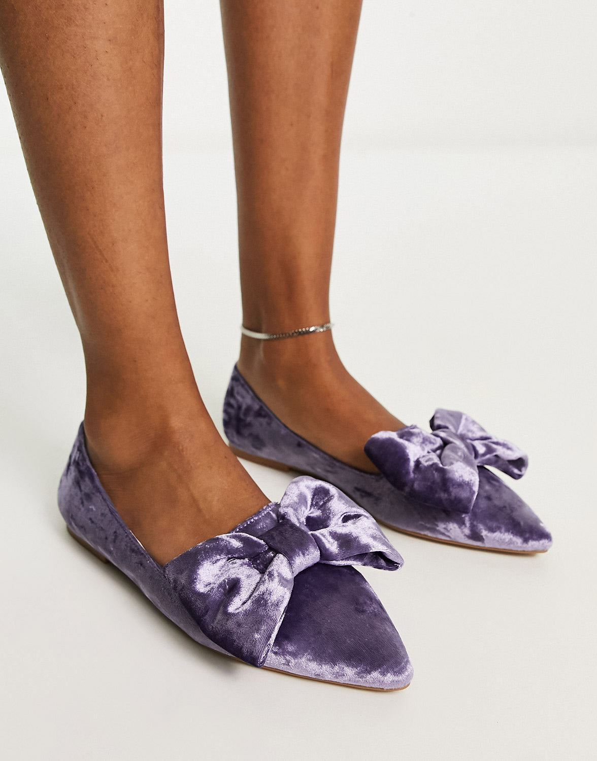 ASOS DESIGN Lake bow pointed velvet ballet flats in lilac