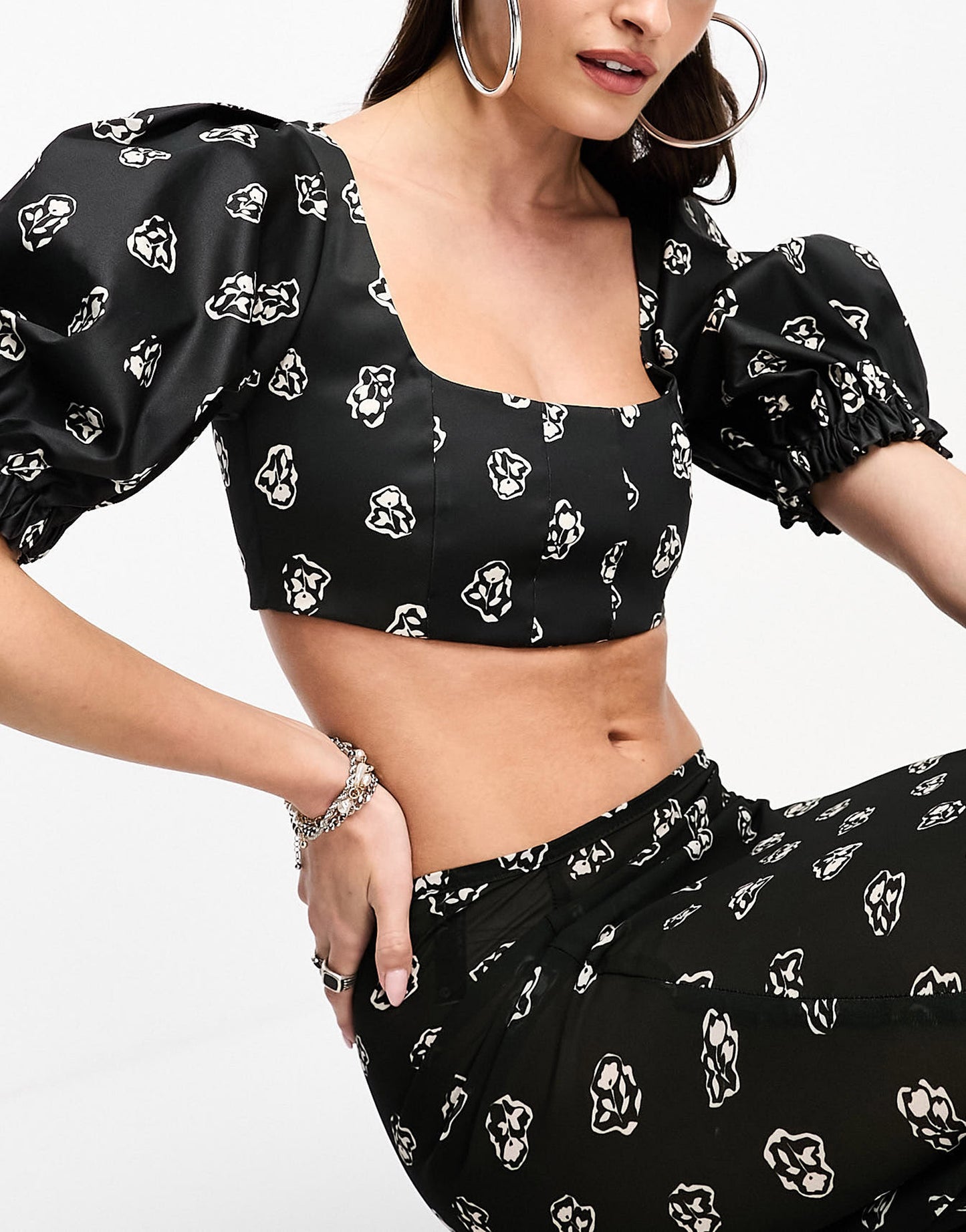 Day 6 exclusive puff sleeve square neck crop top co-ord in black ditsy print