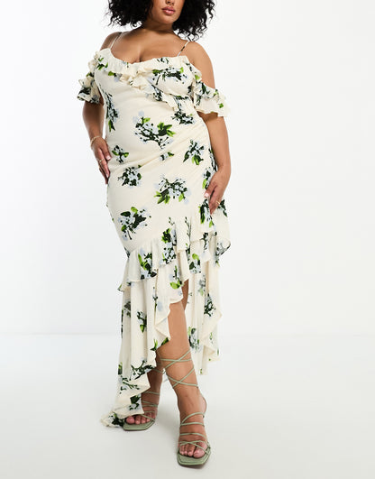 ASOS DESIGN Curve ruffle off shoulder asymmetric maxi dress in cream floral print