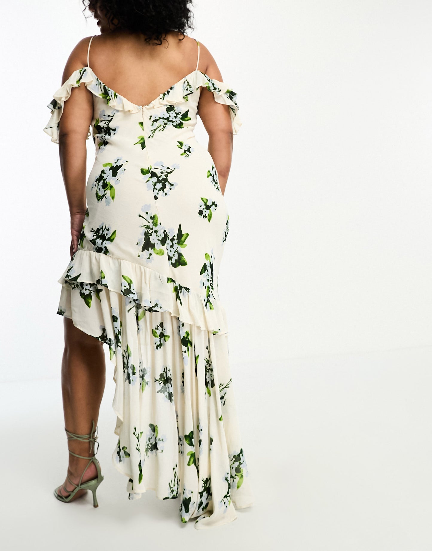 ASOS DESIGN Curve ruffle off shoulder asymmetric maxi dress in cream floral print