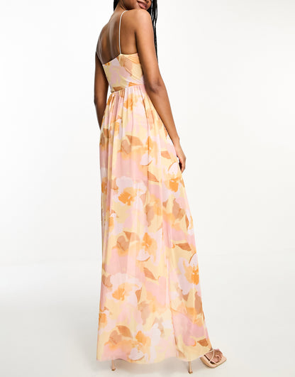 ASOS DESIGN Tall cami mesh maxi dress with sash in orange smudge print