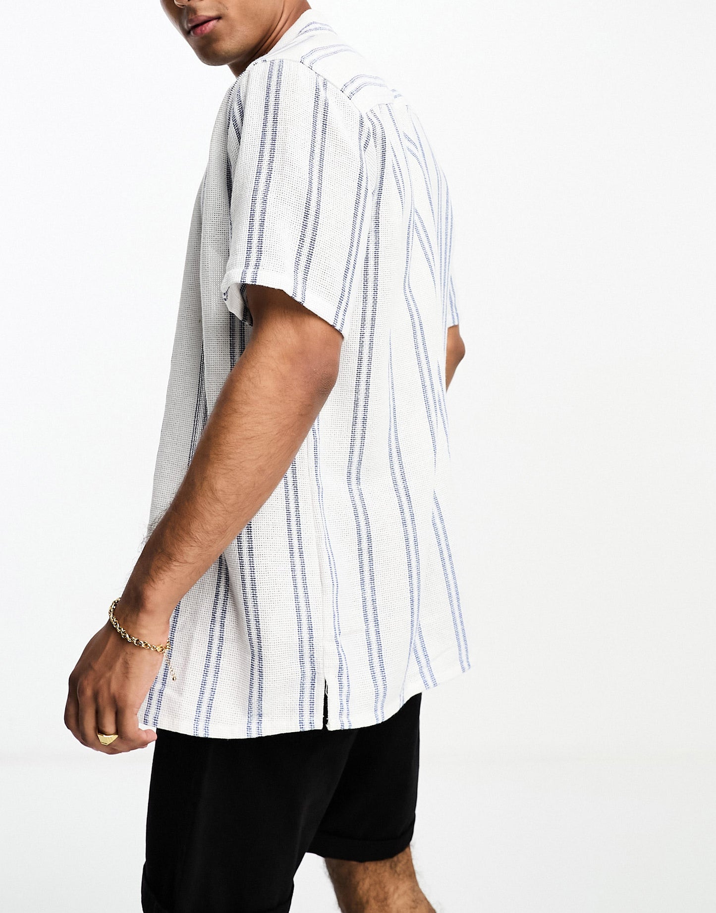 ONLY & SONS revere collar textured shirt in white stripe