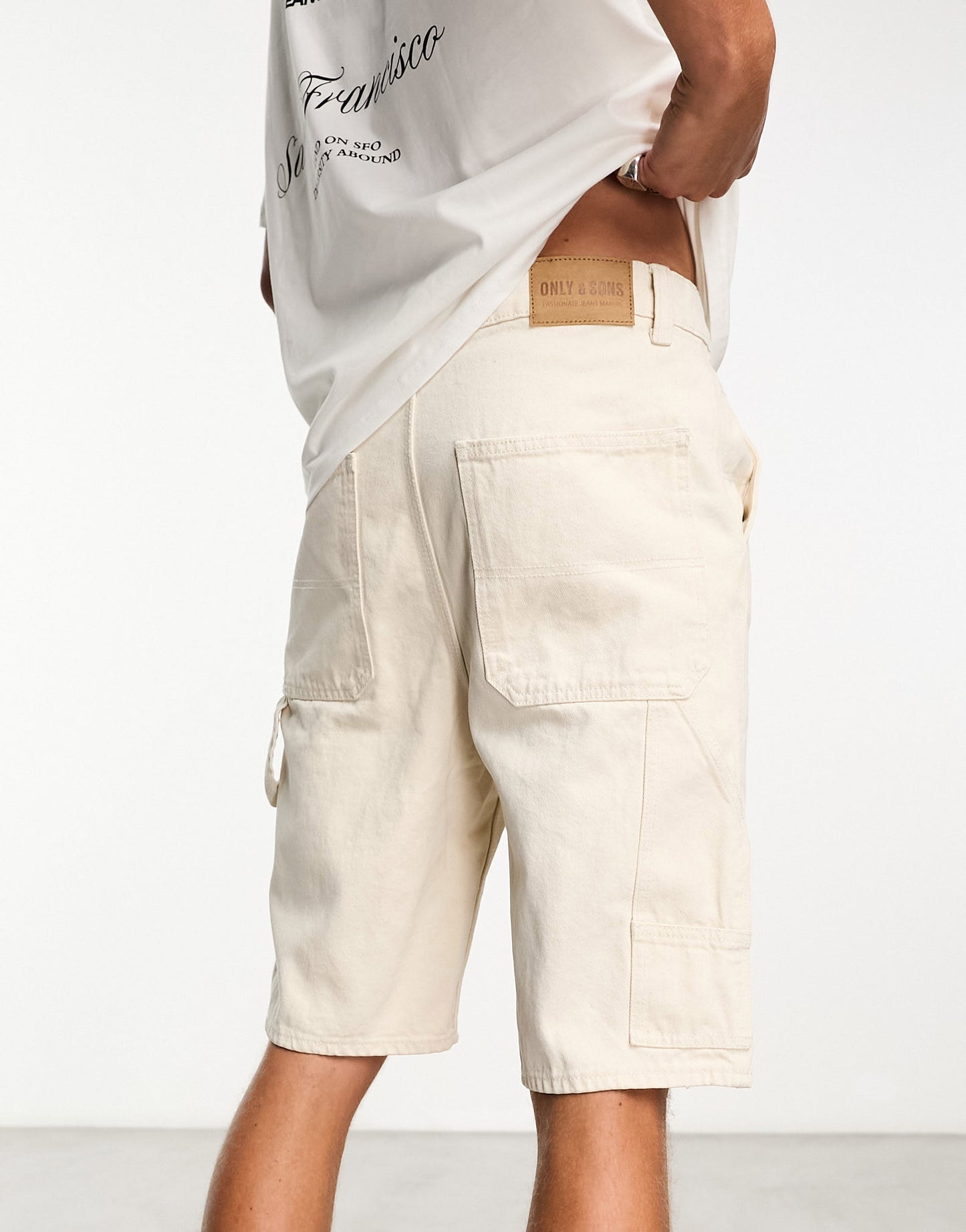 Only & Sons loose fit carpenter denim short in ecru